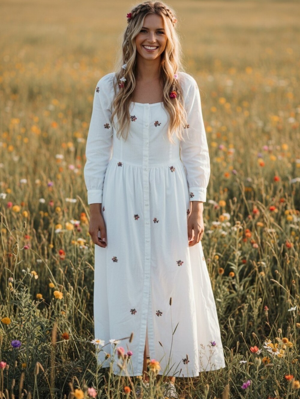 Women's Flowers Embroidered Square Neck Midi Shirt Boho Dress White Size 4